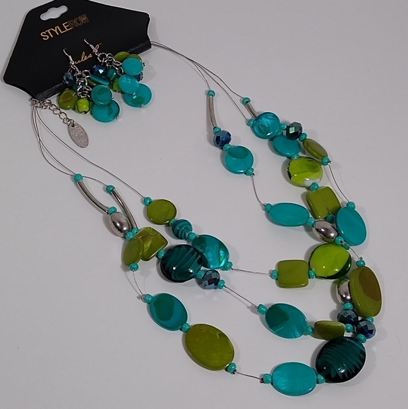 NEW Necklace Earring Set Jules B Silver Green Blue - Picture 2 of 4